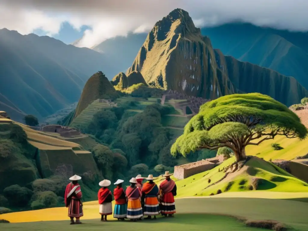 Un grupo de indígenas Quechua y Aymara, con trajes coloridos, conversan bajo un árbol ceiba en los Andes