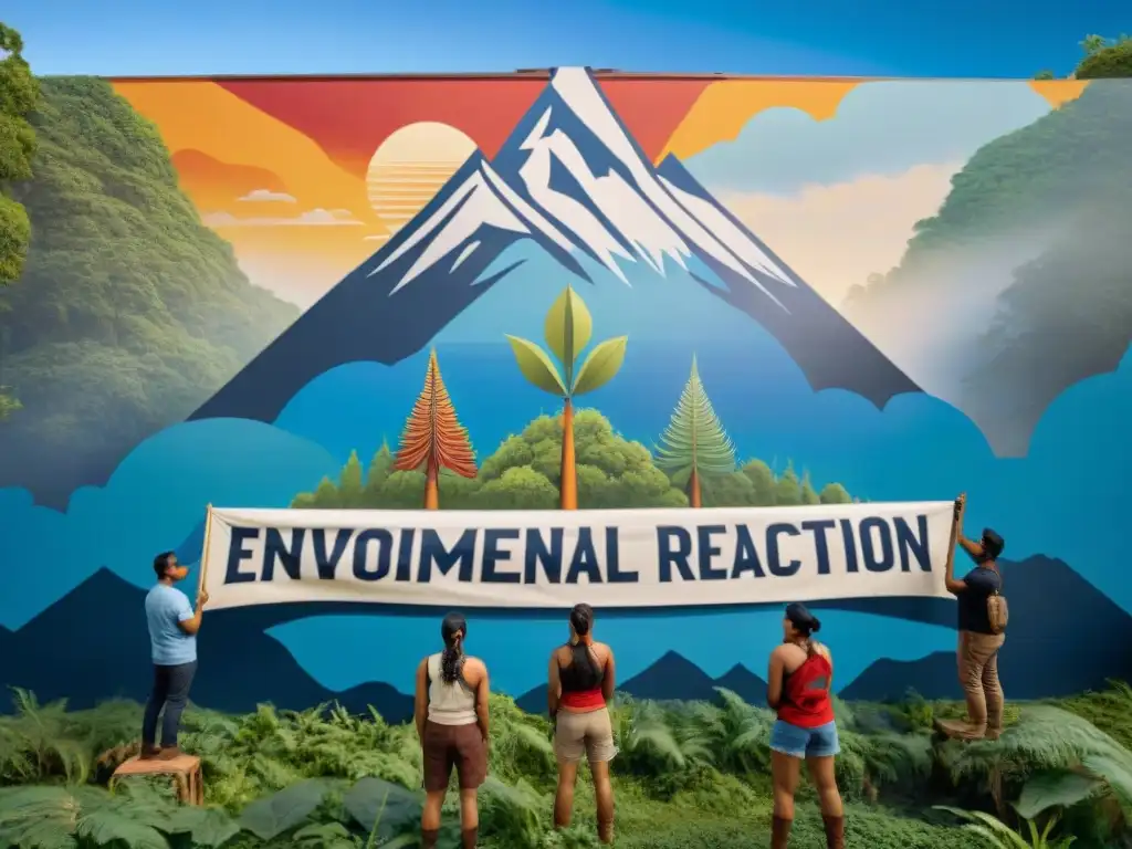 Un grupo de jóvenes activistas indígenas frente a un mural detallado, símbolo de liderazgo en la lucha por el cambio climático