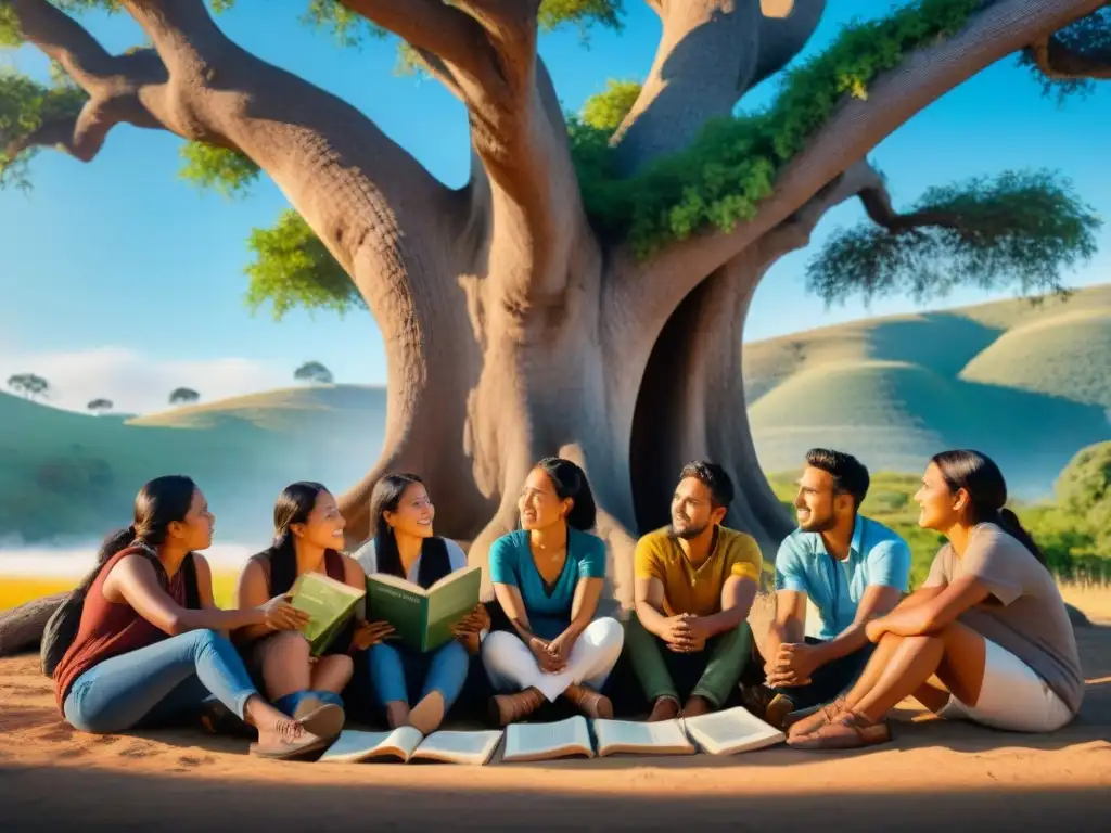 Grupo de jóvenes activistas de la revitalización de lenguas indígenas debajo de un árbol ancestral, compartiendo ideas y cultura