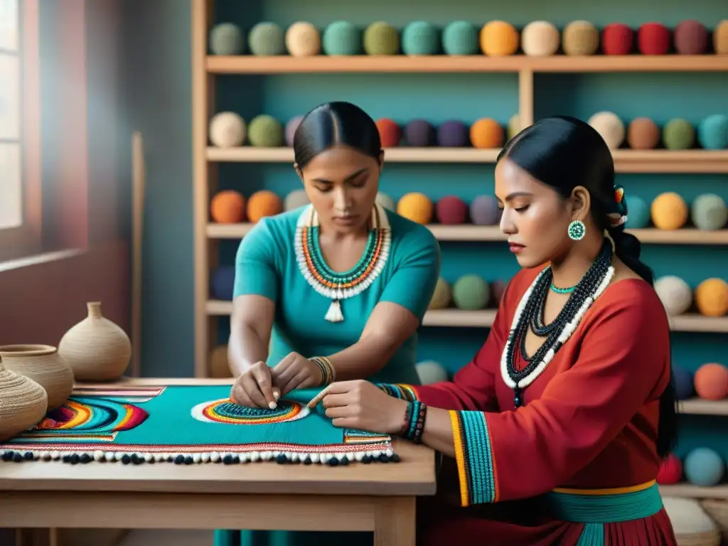 Grupo de jóvenes artesanos indígenas creando accesorios contemporáneos, reivindicando tradiciones