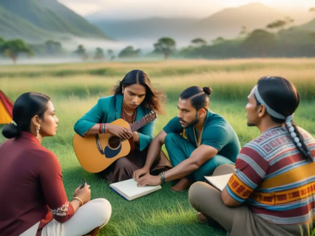 Grupo de jóvenes creadores de cine indígena contemporáneo, inspirados y determinados, en círculo en la naturaleza