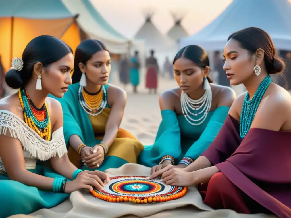 Un grupo de jóvenes diseñadores indígenas, creando prendas tradicionales con colores vibrantes y patrones únicos en un mercado artesanal