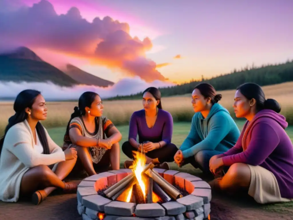 Un grupo de jóvenes escritores indígenas contemporáneos reunidos alrededor de una fogata, inmersos en una apasionada discusión al atardecer