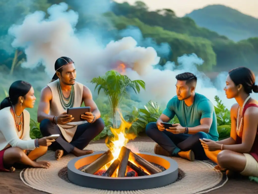 Un grupo de jóvenes indígenas en un ambiente ancestral, combinando tradiciones con tecnología moderna