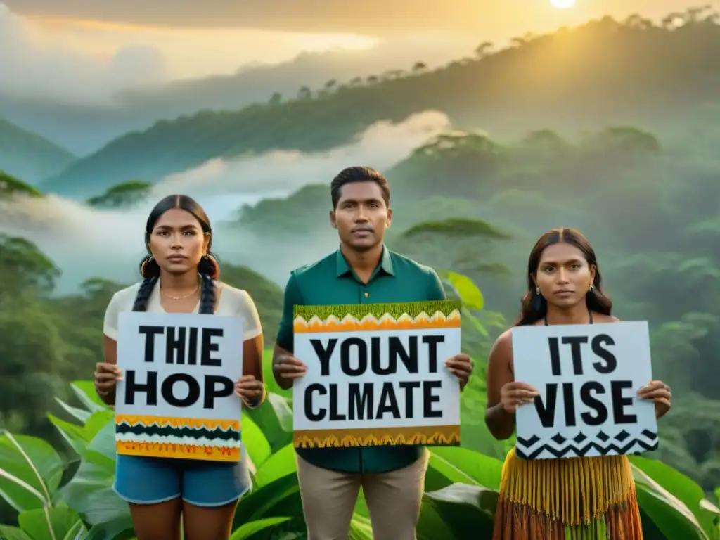 Grupo de jóvenes líderes indígenas frente a la naturaleza exuberante, transmitiendo esperanza y liderazgo en la lucha por el cambio climático