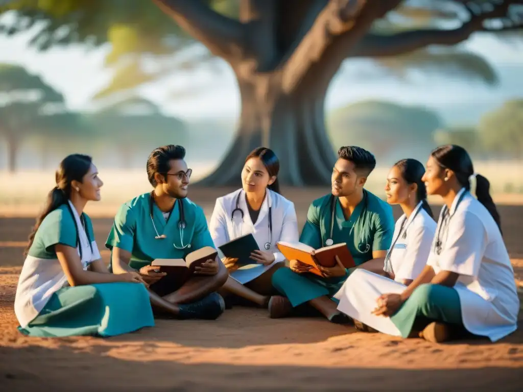 Un grupo de jóvenes médicos indígenas en formación, reunidos bajo un árbol, estudiando juntos con determinación y pasión