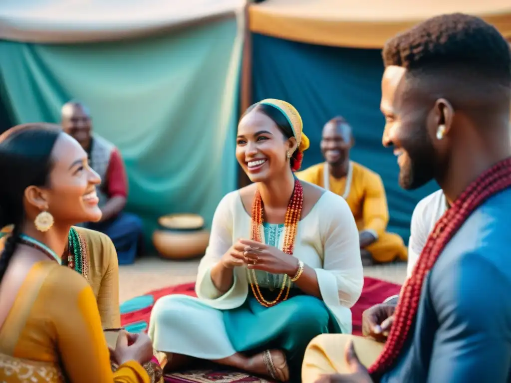 Un grupo de jóvenes de diferentes países conversan animadamente en un intercambio cultural en un bullicioso mercado