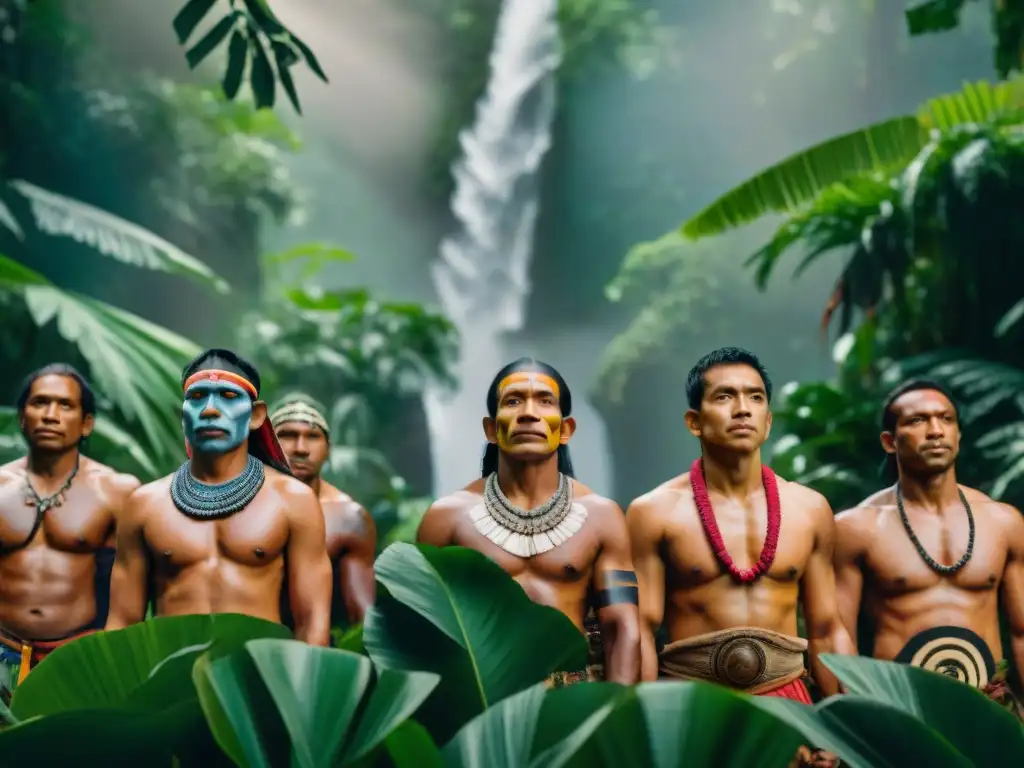 Grupo de líderes indígenas amazónicos en trajes tradicionales, unidos en resistencia ante la adversidad en la selva