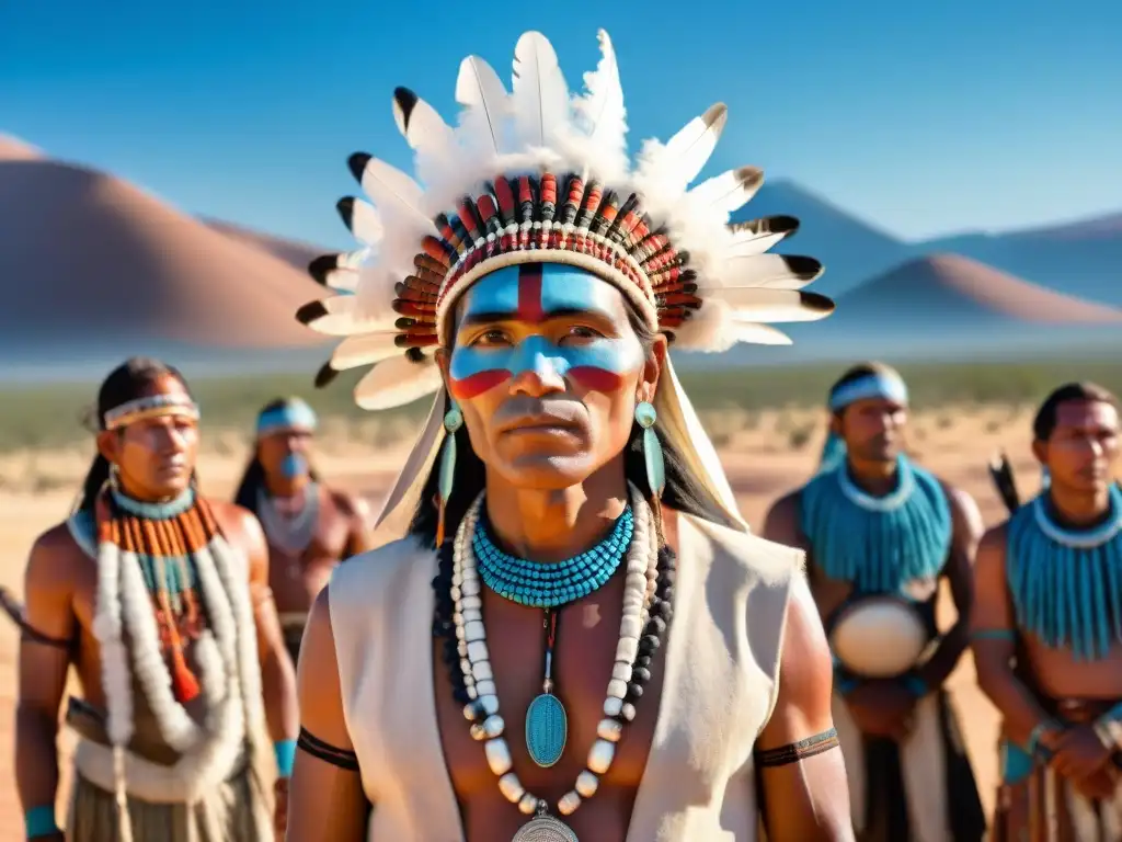 Grupo de líderes indígenas en círculo bajo el sol, con atuendos tradicionales en la Marcha por la Tierra de 1990