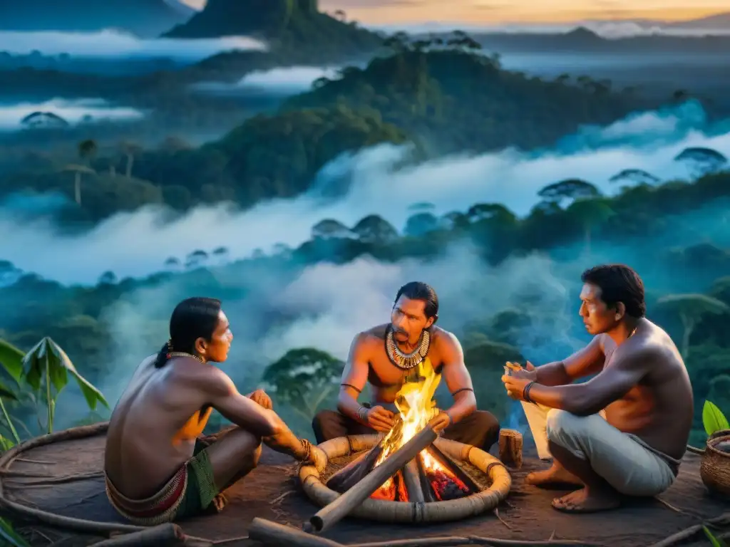 Grupo de líderes indígenas en luchas territoriales, reunidos alrededor de una fogata en la selva amazónica al atardecer