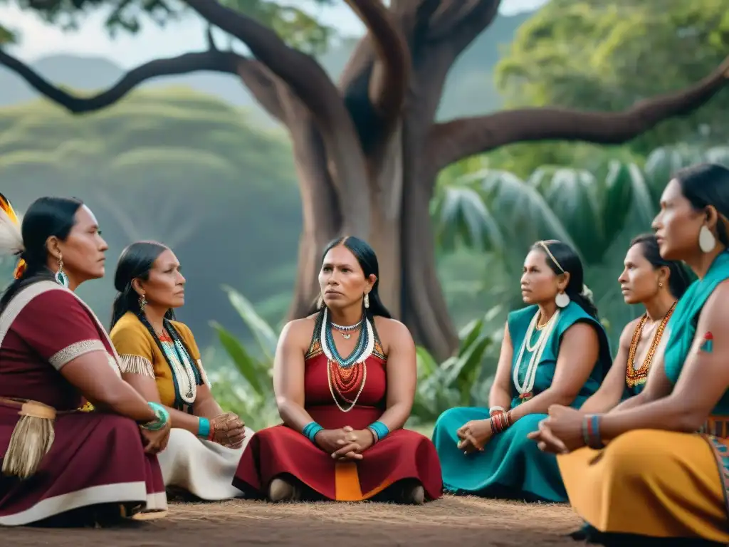 Grupo de líderes indígenas mujeres en empoderada reunión bajo un árbol