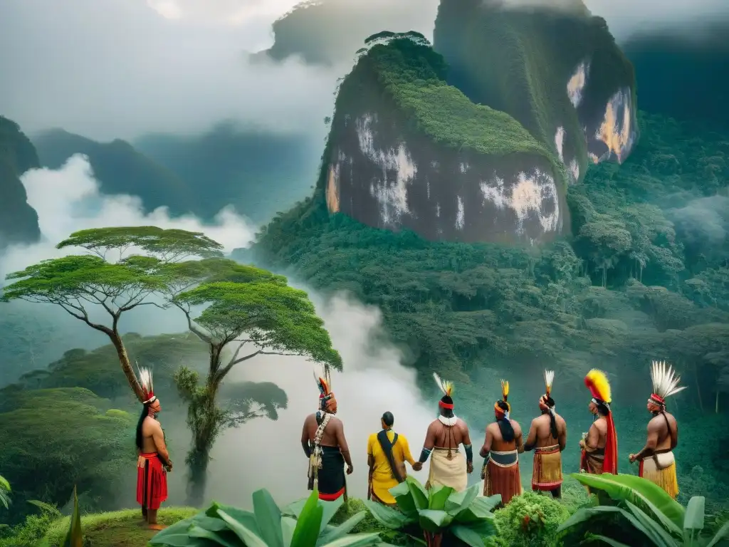 Grupo de líderes indígenas en ritual ceremonial frente a la selva, expresando fuerza y lucha por los derechos territoriales indígenas América