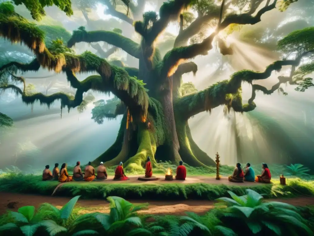 Un grupo de líderes indígenas de diferentes tribus de América se reúnen alrededor de un árbol antiguo en un bosque exuberante