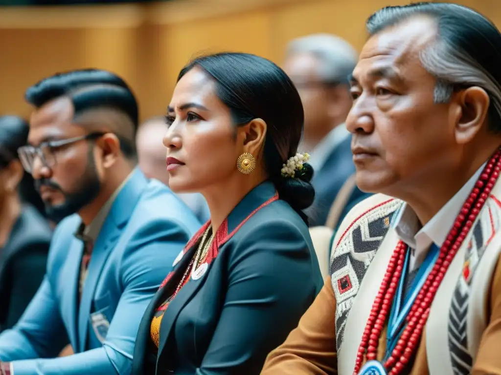 Grupo de líderes indígenas unidos en la protección de derechos en asamblea de organizaciones internacionales