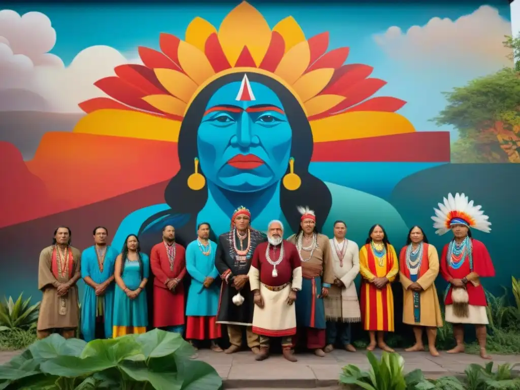 Grupo de líderes indígenas unidos frente a mural vibrante de resistencia indígena movimientos sociales en América