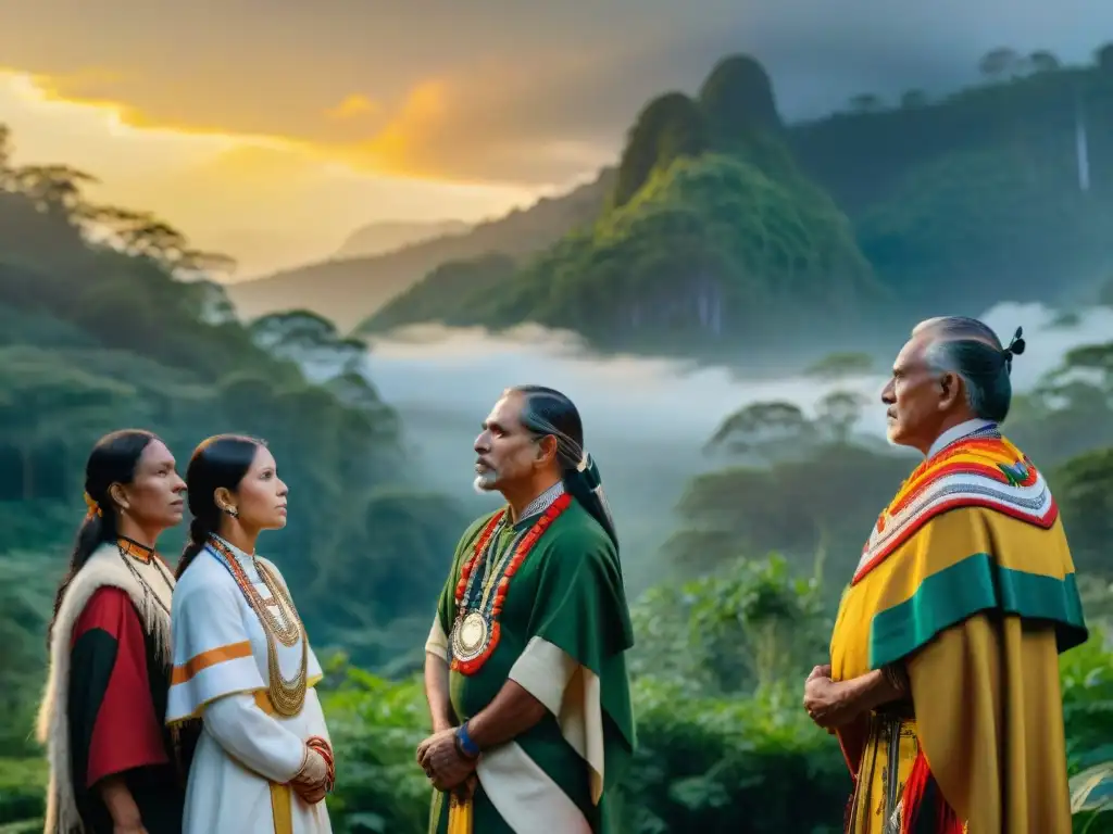 Grupo de líderes indígenas unidos en luchas territoriales en América, con atuendos ceremoniales y un fondo de bosque verde exuberante al atardecer