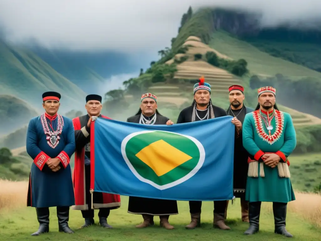 Un grupo de líderes Mapuche y sus aliados se unen en círculo, mostrando determinación y fuerza en la lucha por la Resistencia de los Mapuche en Chile