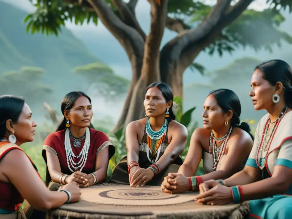 Un grupo de líderes mujeres indígenas discuten bajo un árbol en una aldea remota, representando el liderazgo femenino en comunidades indígenas