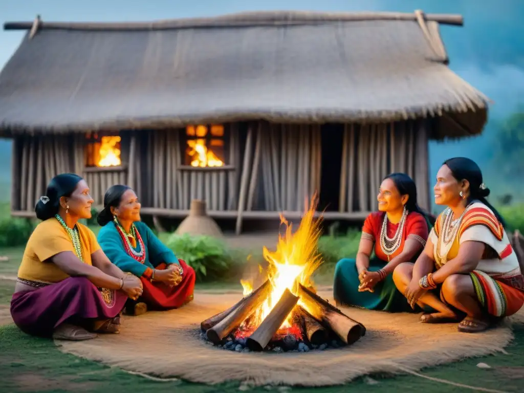 Grupo de líderesas indígenas empoderadas en animada discusión alrededor del fuego comunitario en una aldea remota, con atuendos tradicionales coloridos y adornos de cuentas