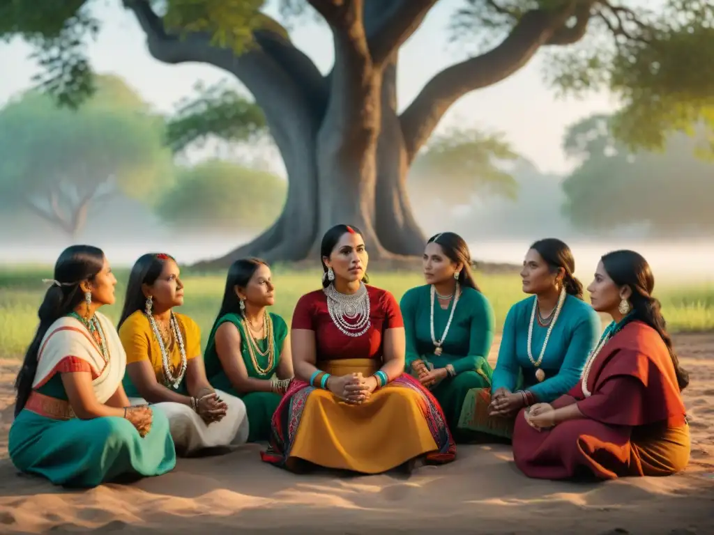 Grupo de líderesas indígenas empoderadas en profunda discusión bajo un árbol, reflejando determinación y sabiduría