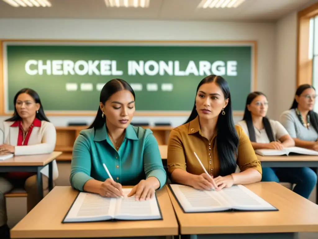 Un grupo de maestros y alumnos de Cherokee, concentrados en clase por el Renacimiento del idioma Cherokee actualidad