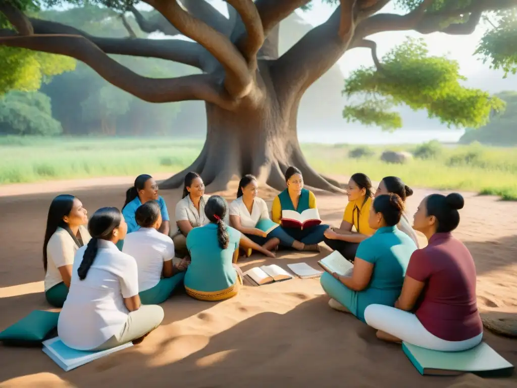 Grupo de maestros indígenas enseñando y preservando lenguas ancestrales bajo un árbol, rodeados de libros coloridos