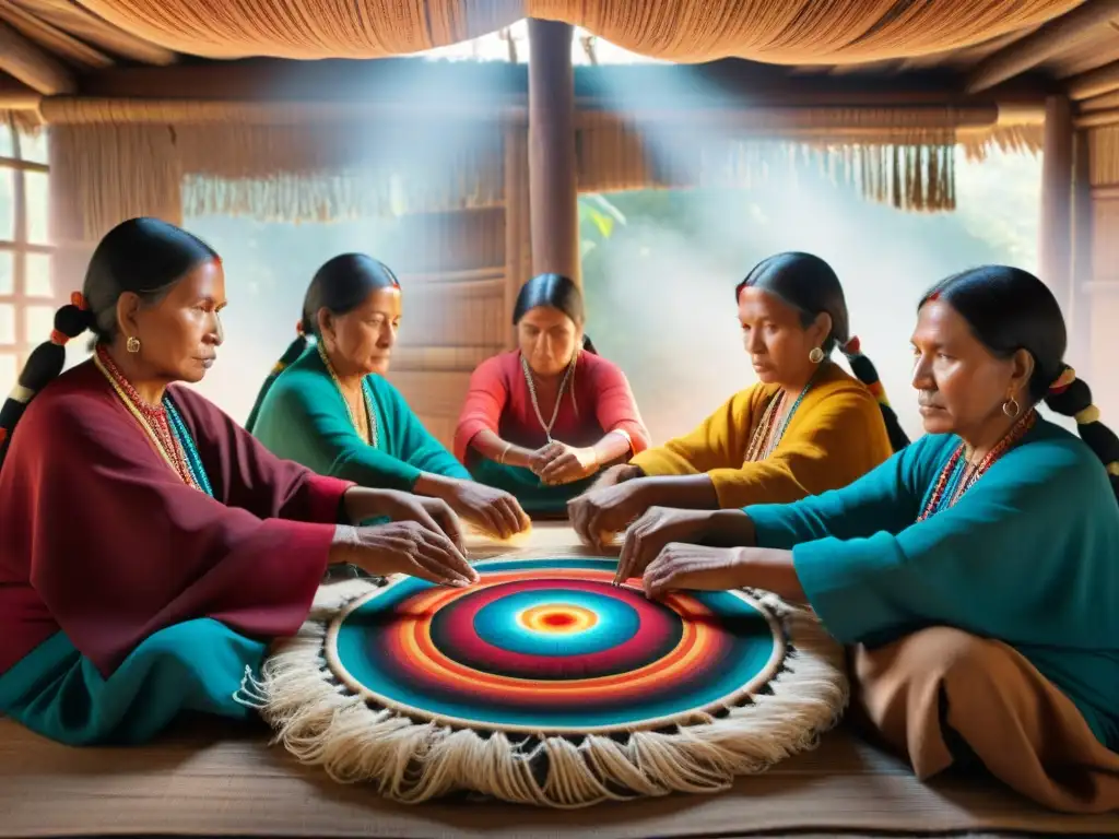 Grupo de Maestros tejedores indígenas de las Américas concentrados en su arte ancestral, rodeados de telas y colores vibrantes