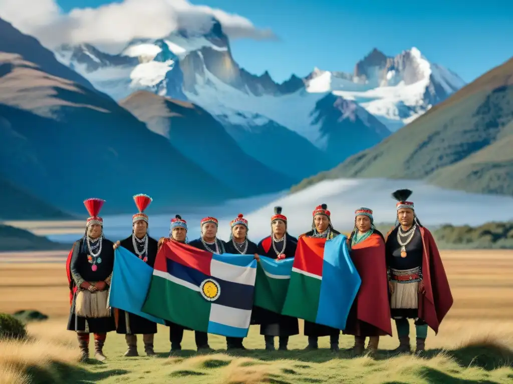 Grupo de indígenas Mapuche en Cusi Cusi, Argentina, mostrando resistencia con vestimenta tradicional ante los Andes nevados