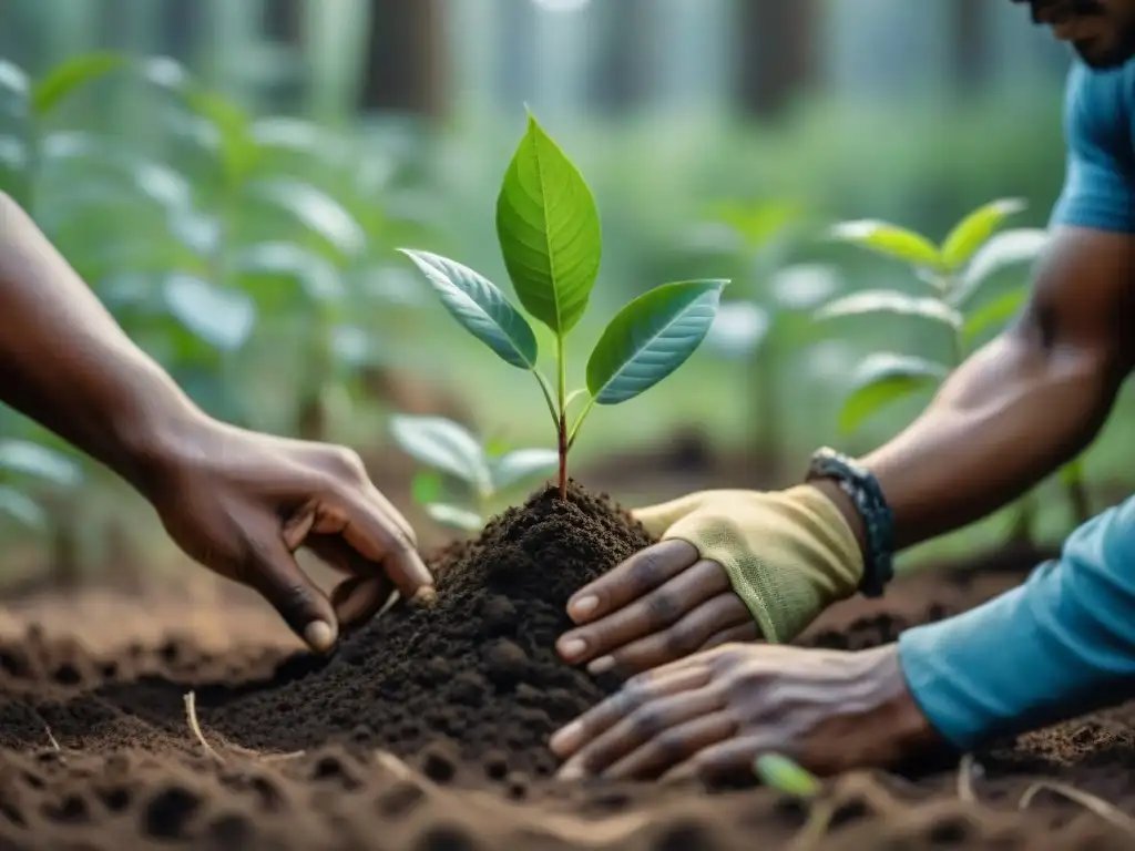 Un grupo de miembros de una comunidad indígena plantando árboles jóvenes en un exuberante bosque