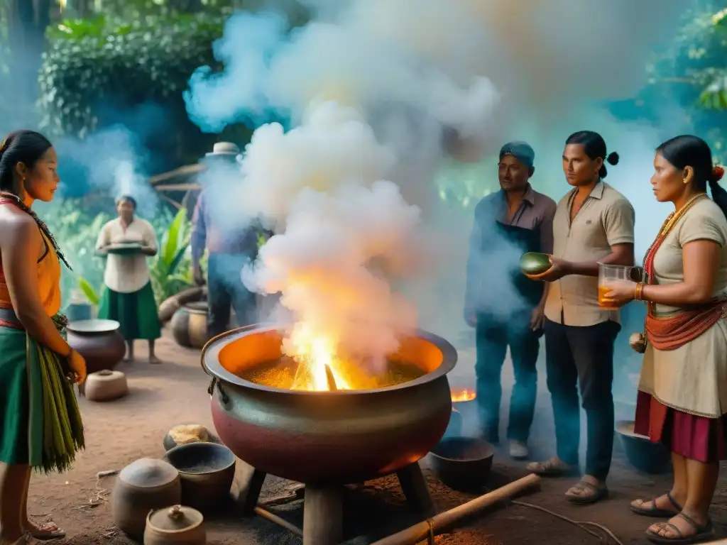 Un grupo de miembros de una comunidad indígena prepara la bebida tradicional cimarrona en un caldero humeante en la selva