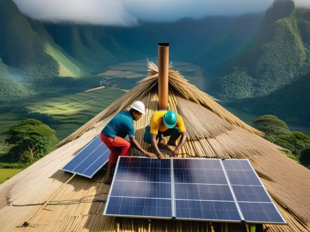 Un grupo de miembros de comunidad indígena instala paneles solares en casa de techo de paja, fusionando tradición con tecnología moderna