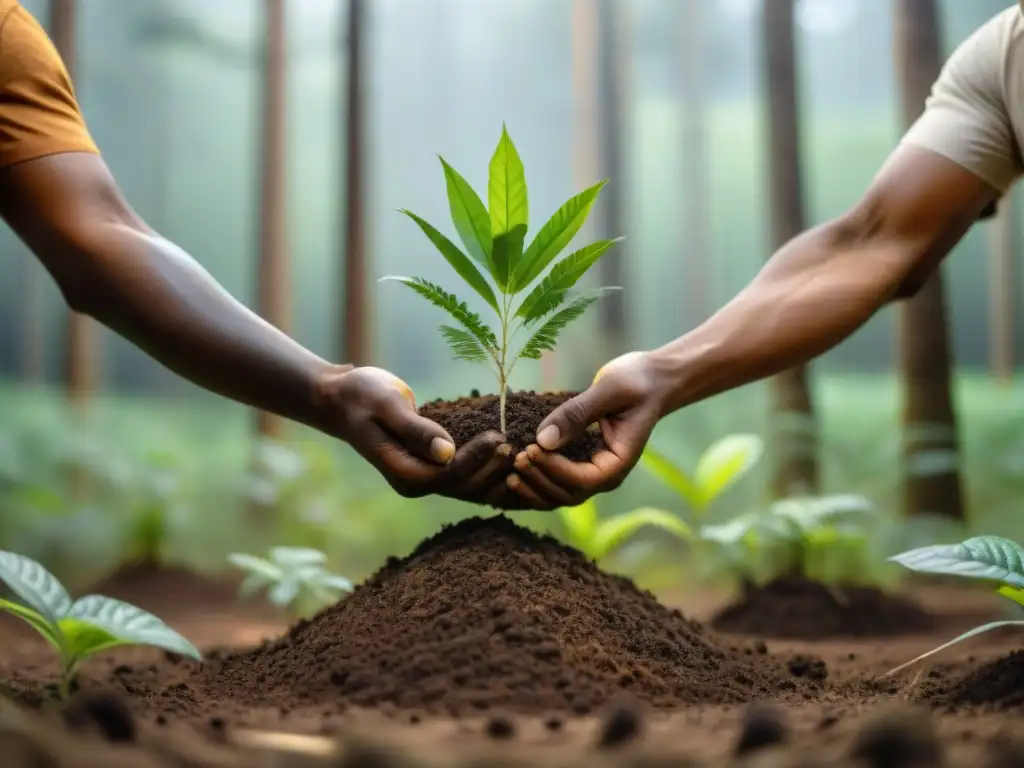 Un grupo de miembros de una comunidad indígena planta árboles en un bosque exuberante