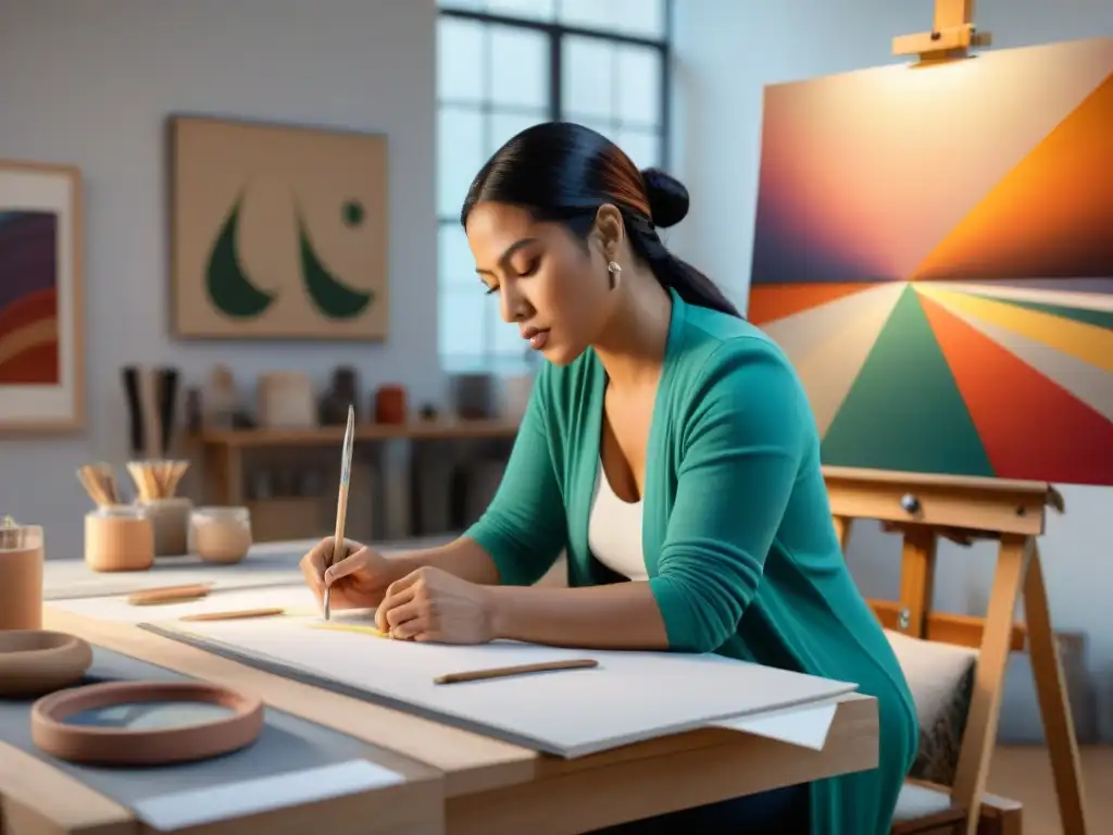 Grupo de mujeres artistas indígenas inmersas en su creatividad en un estudio de arte contemporáneo