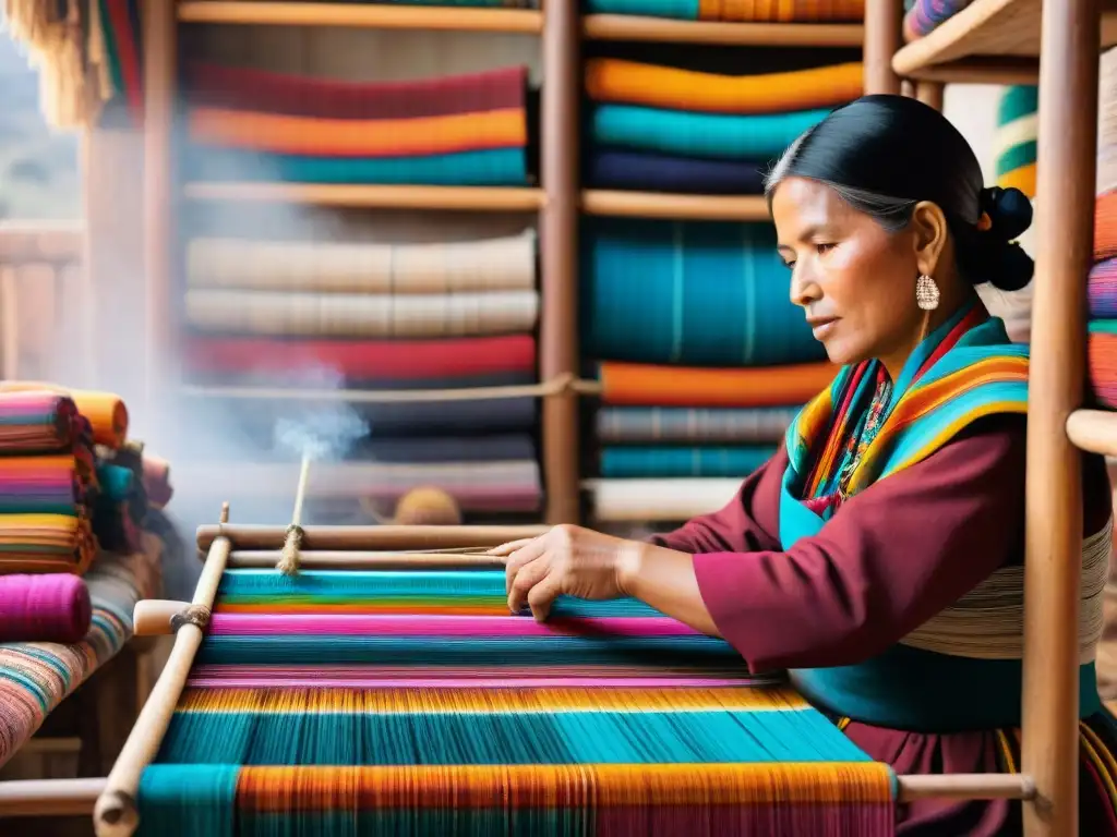 Grupo de mujeres Aymaras tejiendo textiles con técnicas tradicionales