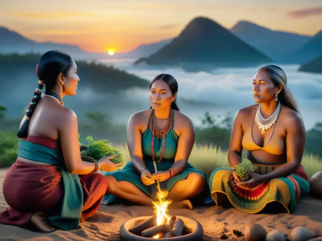 Un grupo de Mujeres en una ceremonia de Medicina Tradicional Indígena alrededor del fuego al atardecer