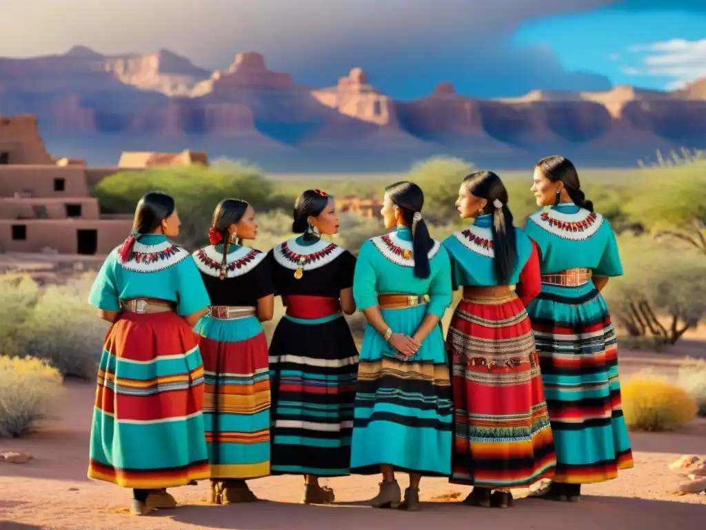 Grupo de mujeres Hopi con vestimenta tradicional y joyas, frente a ruinas adobes en Arizona