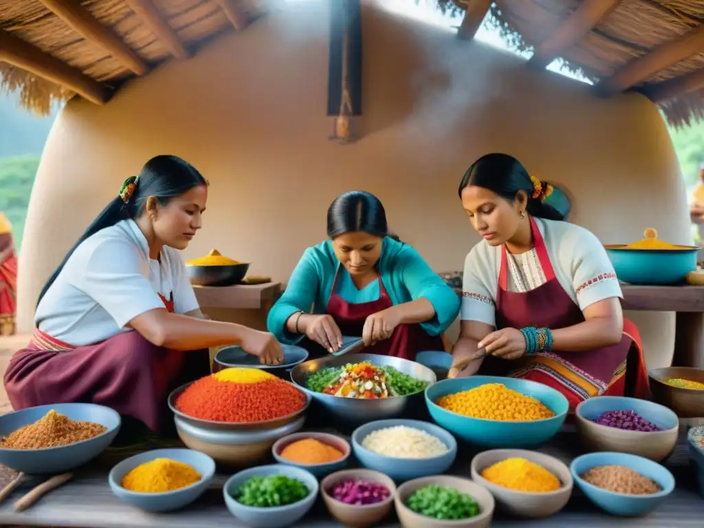 Un grupo de mujeres indígenas en un ambiente comunitario, preparando coloridos platos en una cocina al aire libre