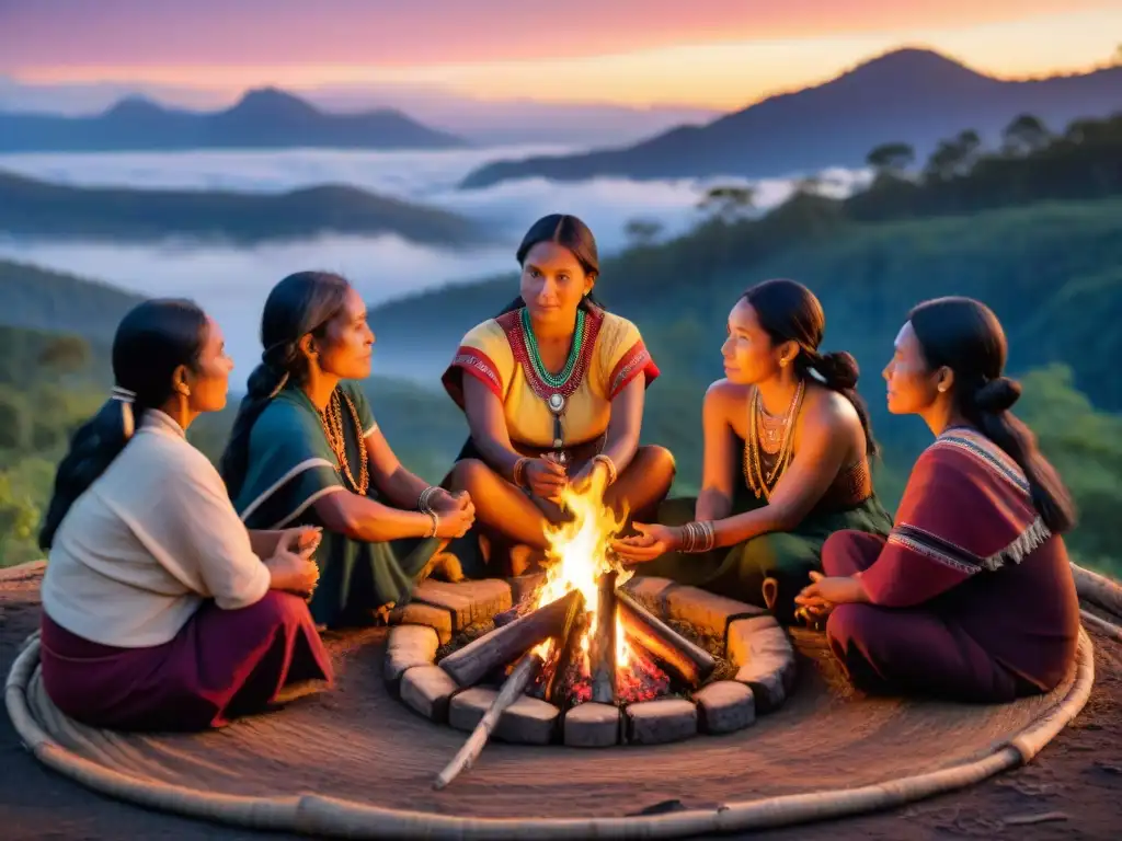 Un grupo de mujeres indígenas comparten sabiduría ancestral alrededor de una fogata en la selva al atardecer