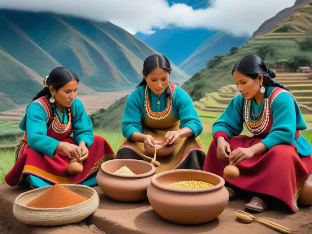 Un grupo de mujeres indígenas andinas preparando chicha, elixir andino, en armonía con la comunidad y la tradición