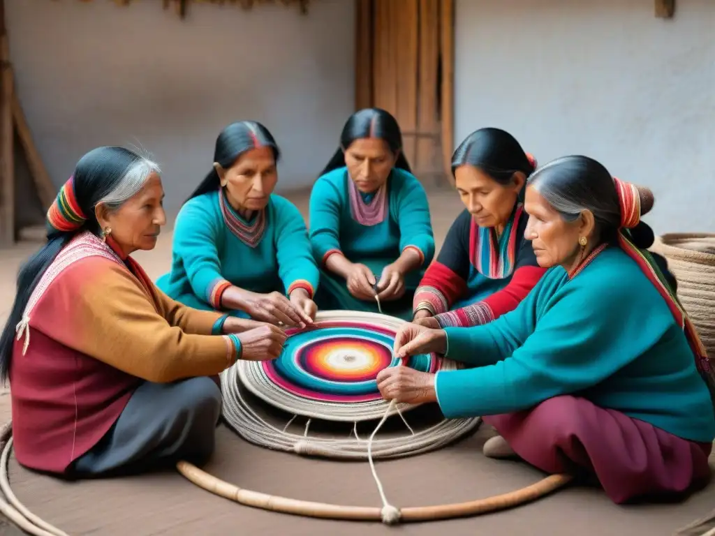 Grupo de mujeres indígenas andinas tejiendo textiles vibrantes en taller rústico