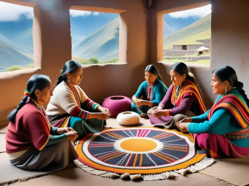 Grupo de mujeres indígenas andinas tejiendo textiles coloridos con diseños intrincados, en escena cálida y tradicional