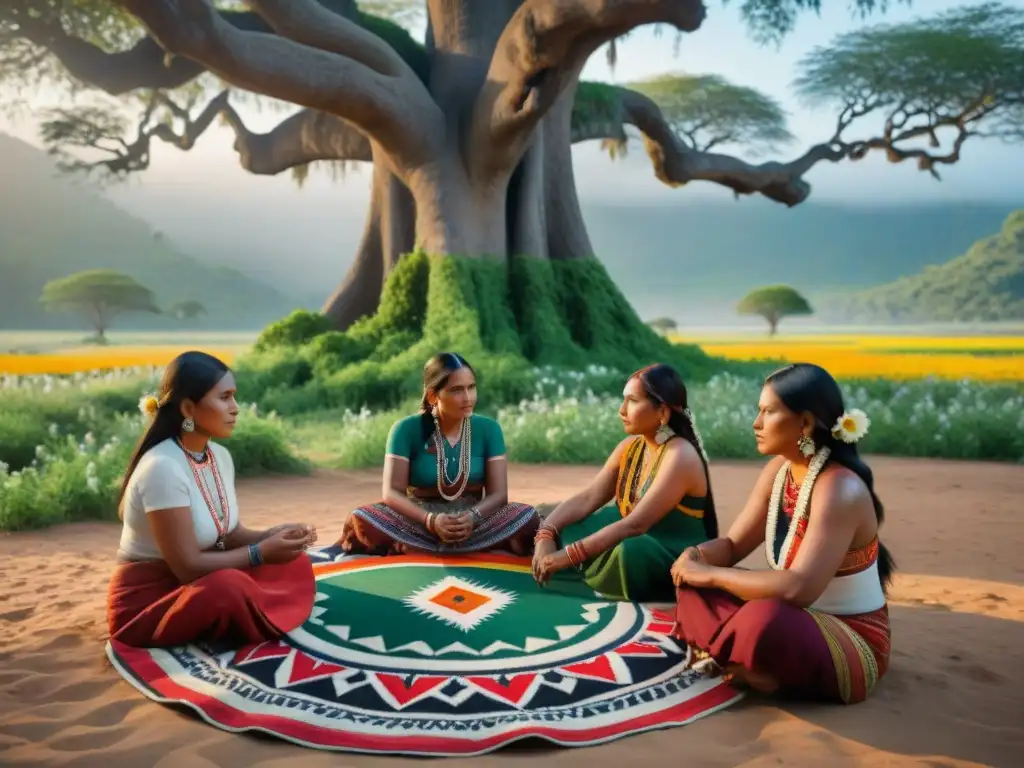 Grupo de mujeres indígenas tejiendo bajo un árbol antiguo, reflejando el arte del tejido indígena en un paisaje exuberante y colorido