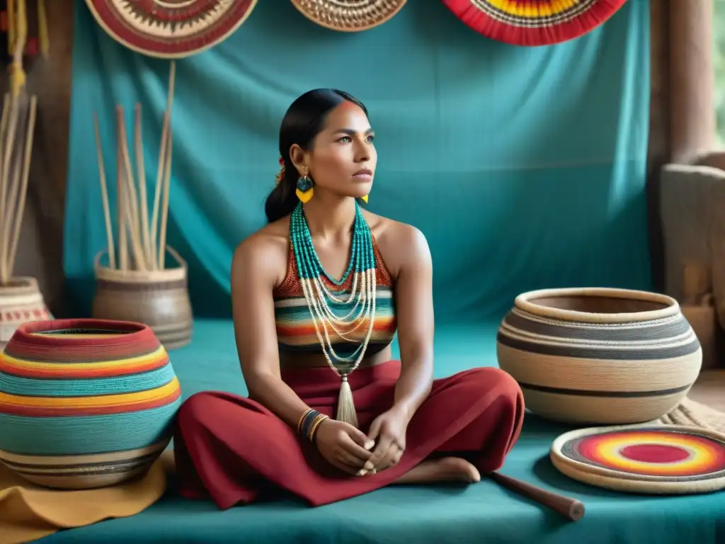 Grupo de mujeres indígenas creando arte en taller rústico, reflejando resistencia y empoderamiento