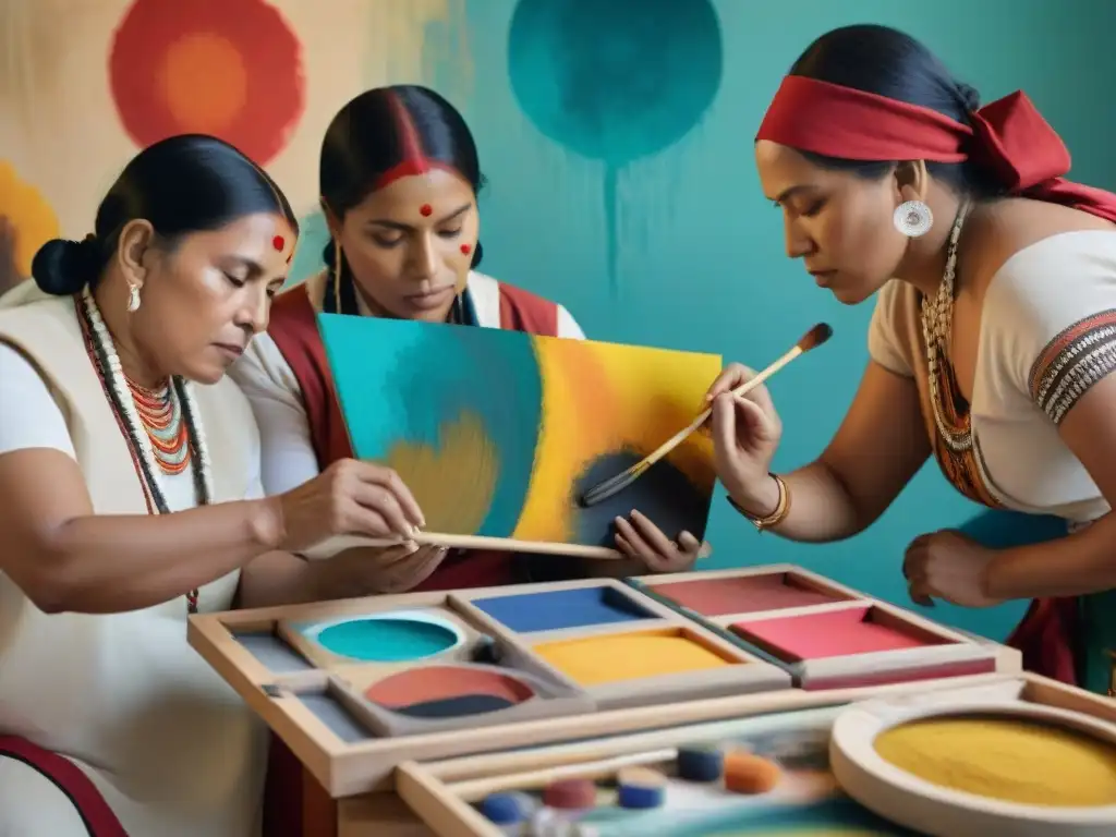 Grupo de mujeres indígenas artistas pintando juntas en una sesión colaborativa, rodeadas de colores vibrantes y útiles de arte tradicional