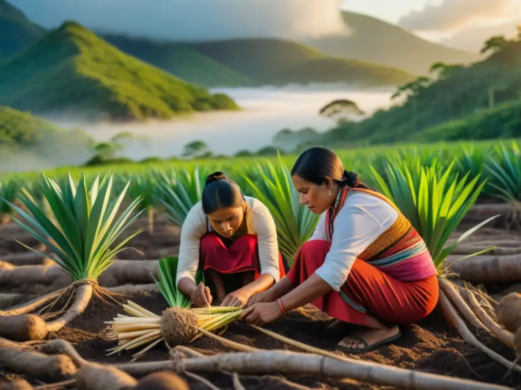 Grupo de mujeres indígenas cosechando yucas al atardecer, reflejando la importancia cultural de la yuca en su comunidad