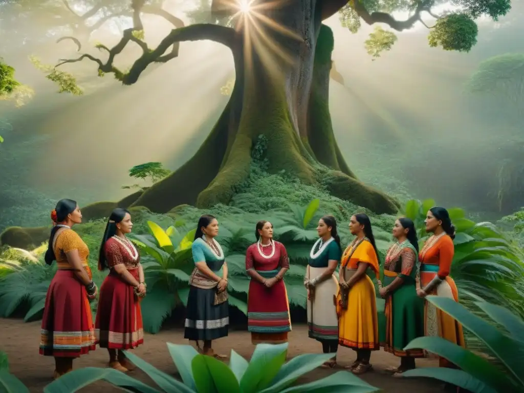 Un grupo de mujeres indígenas en atuendos tradicionales bajo un árbol ancestral, simbolizando el liderazgo femenino en comunidades indígenas