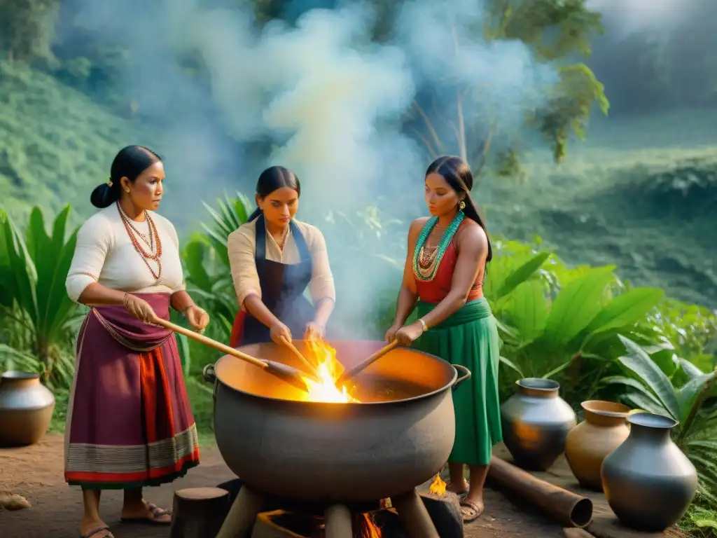 Un grupo de mujeres indígenas preparando la bebida tradicional cimarrona indígena en la selva tropical