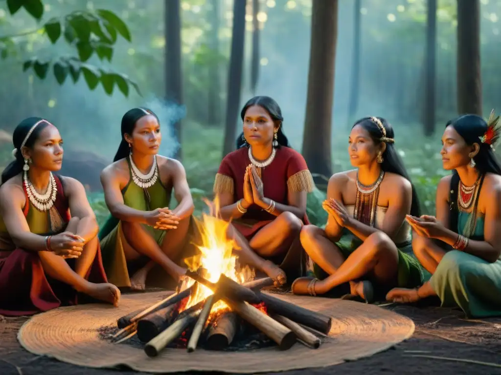 Un grupo de mujeres indígenas en ceremonia de sanación en el bosque