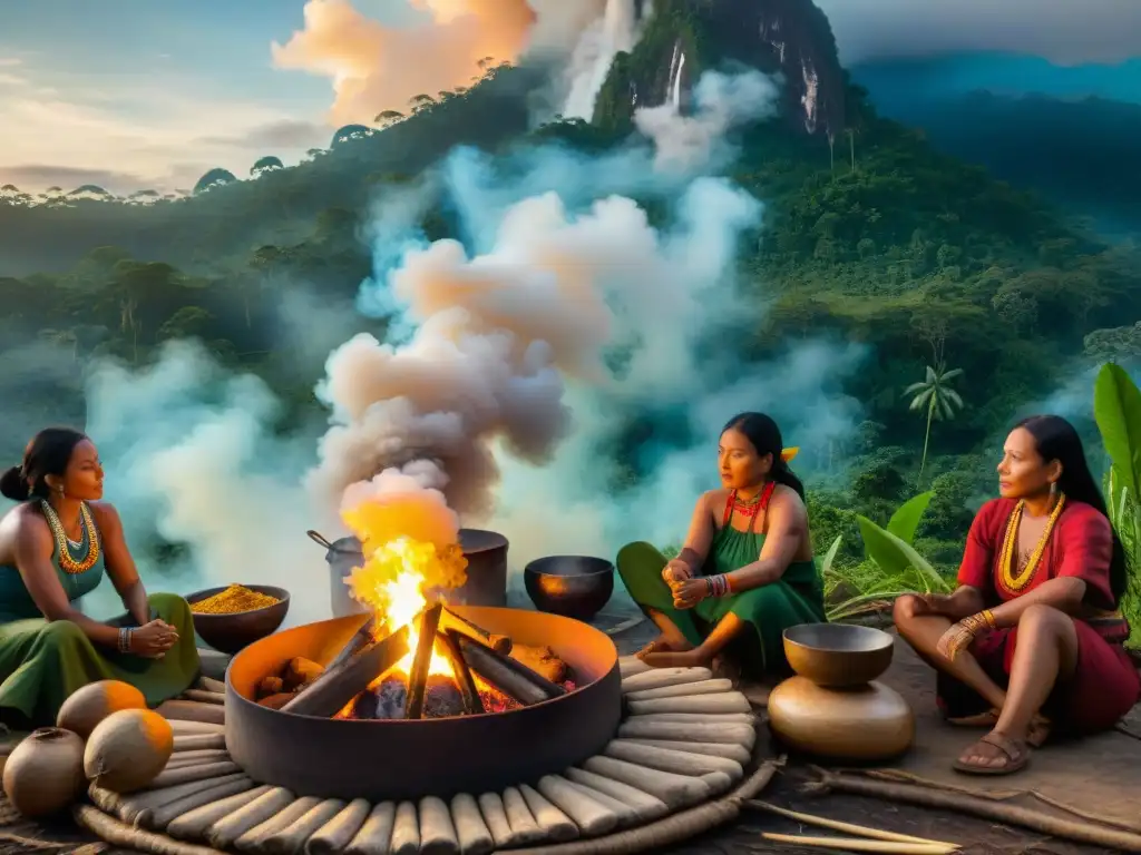 Un grupo de mujeres indígenas en la cocina tradicional de la Amazonía, evocando la cultura y la cocina indígena en América