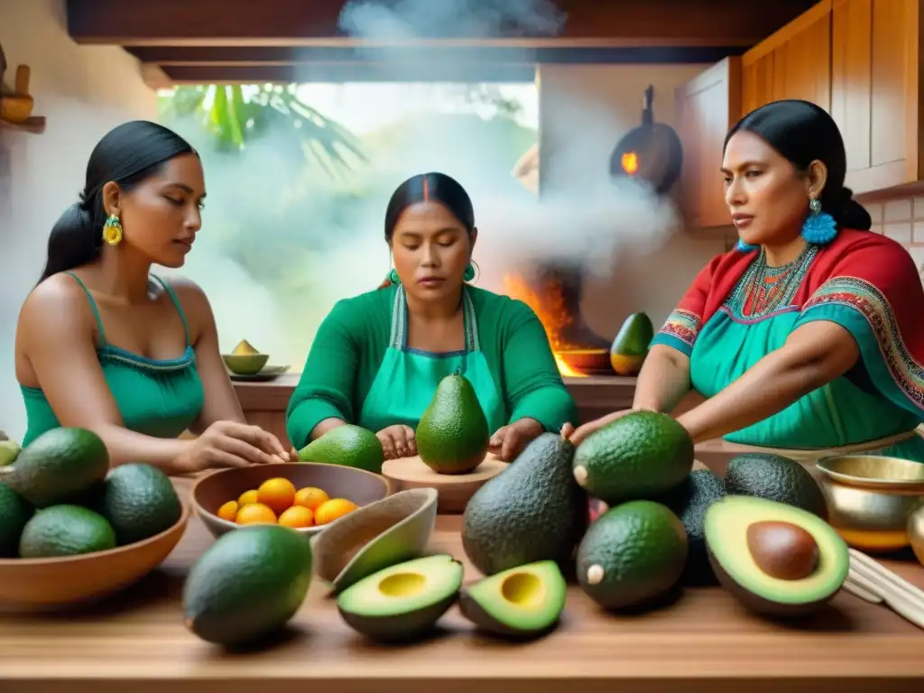 Un grupo de mujeres indígenas en una cocina tradicional, destacando el significado cultural del aguacate en la gastronomía